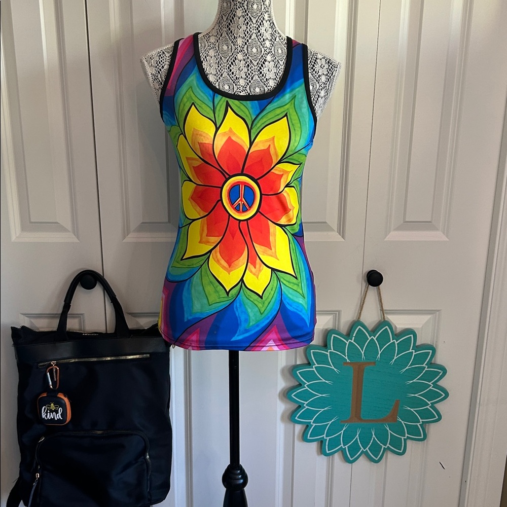 ZKHD NWT Rainbow Peace Flower Yoga Tank Top Criss Cross Back Size B-Medium
